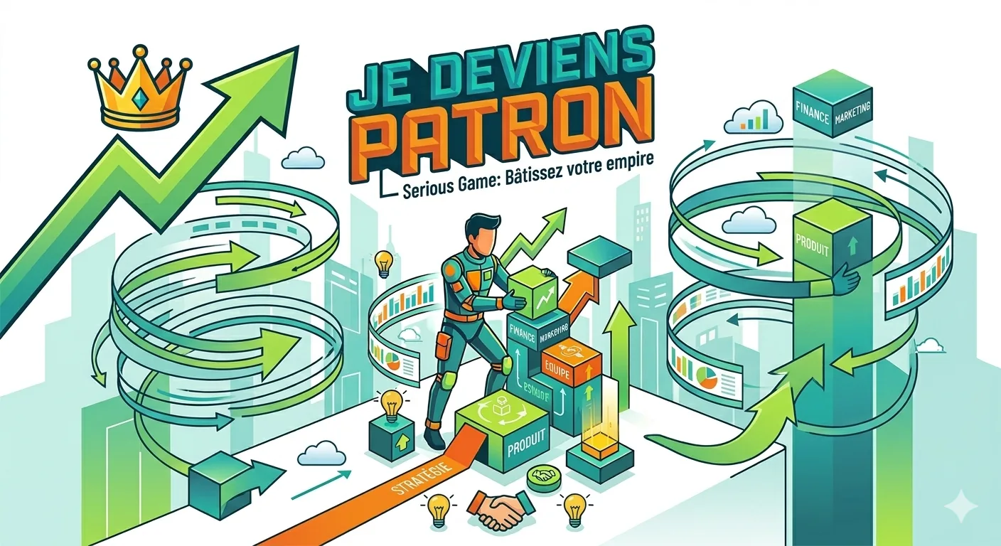 Illustration du jeu sérieux JE DEVIENS PATRON montrant stratégie, finance, produit et croissance