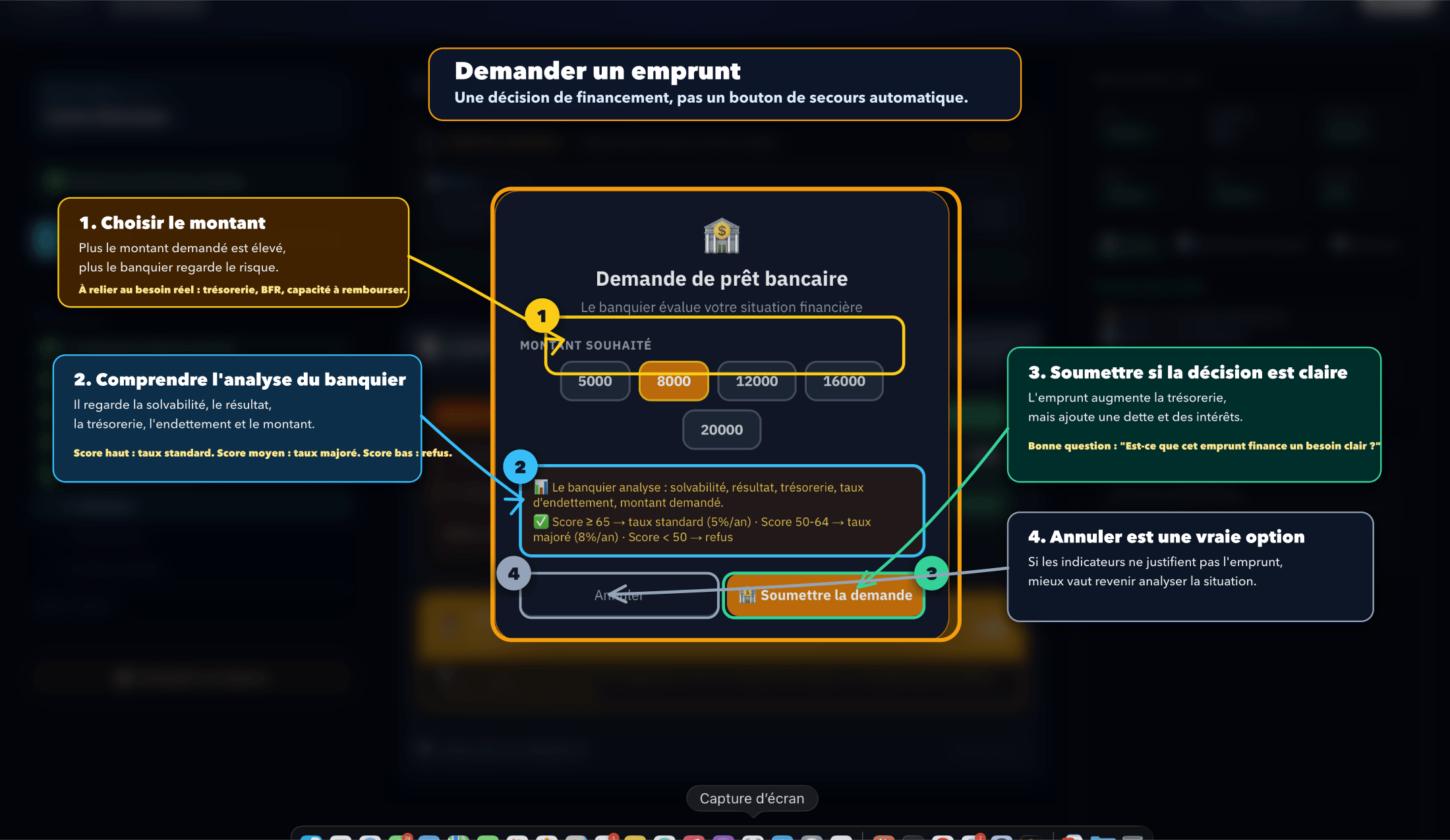 Capture de l’écran de demande d’emprunt : montant demandé, conditions, et analyse du banquier affichée avant la validation.
